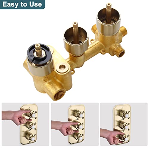 Backnets Solid Brass 3 Way Thermostatic Shower Diverter Mixing Valve Replacement 3 Outlet Shower Mixer Rough-In Valve With Trim Kit Brushed Gold, Use One Function At A Time #TOP6