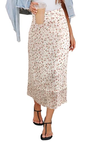HERBATOMIA Women’s Long Floral Print Skirt Zipper High Elastic Waist Summer Casual Trendy Midi Skirts for Women
