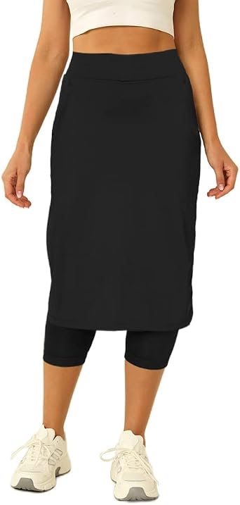 Aurgelmir Womens Tennis Skirt with Capris Leggings Golf Knee Length Skorts Athletic Long Skirts for Women with Pockets