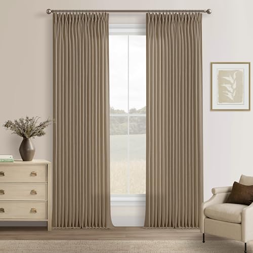 Latte Brown Pinch Pleated Thick Linen Semi Sheer Curtains 108 Inches Long