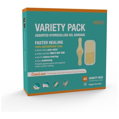 Careland Hydrocolloid Bandages - Advanced Fast Healing | 40 Pack | Waterproof Bandages for Wounds,Finger, Closure & Blister Treatment | Reduces Scarring | Suitable for Foot, Toe, Heel Protection Cover