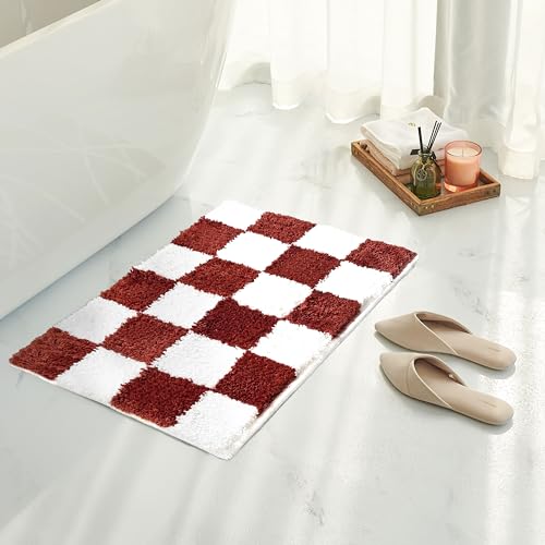 Tititex Orangerust - Alfombra de baño de lujo a cuadros blancos, 16 x 24 pulgadas, diseño clásico de tablero de ajedrez, extra suave y absorbente, alfombra de baño antideslizante de felpa lanuda para