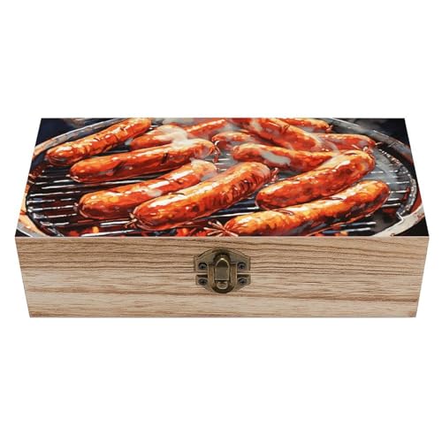 Caja de almacenamiento decorativa de madera con diseño de salchicha en el fuego, contenedores de almacenamiento de joyas con cerradura con bisagras, baúl de recuerdo vintage para organizar anillos