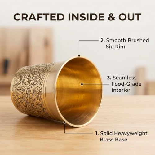 Image of Copper-Master Pure Brass Heritage Pari Engraved Water Tumblers (2, Heritage Pari)