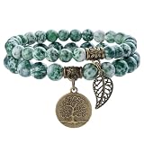 Farfume Bracelet En Pierre Naturelle - Bracelet Perles Naturelles Femme-Ensemble De Deux Bracelets Avec Accessoires Arbre De Vie Et Feuille(Moyen 18,5 cm)
