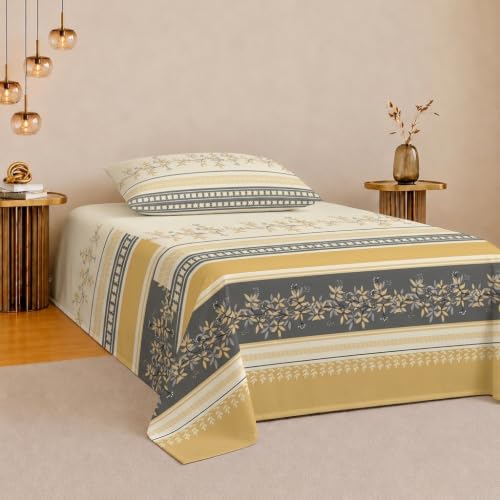 Image of IVAZA 240 TC Soft Ezyption Cotton Floral Print Single Bed Bedsheet - with 1 Pillow Covers, Hypoallergenic, Brethable, (Size- 60 x 90 Inch | Gold Cream