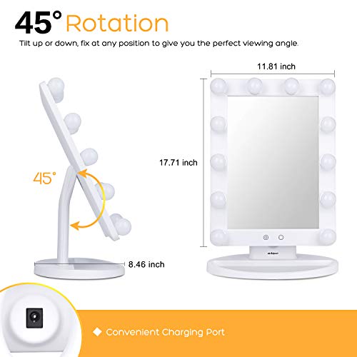 AirExpect Makeup Vanity Mirror with Light Bulbs - 3 Color Lighting Modes Hollywood Style Tabletops Lighted Cosmetic Mirror with 12 Dimmable LED Bulbs and Touch Control Design