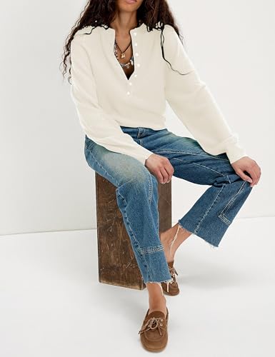 Women's Half Button Down Pullover Knit Sweater Casual Henley Long Sleeve Tunic Tops Loose Fit Trendy Outfits(Apricot-M)4