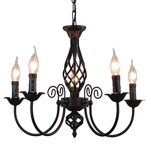 Plafonnier LED moderne à 5 lampes E14 en métal noir pour éclairage de salon