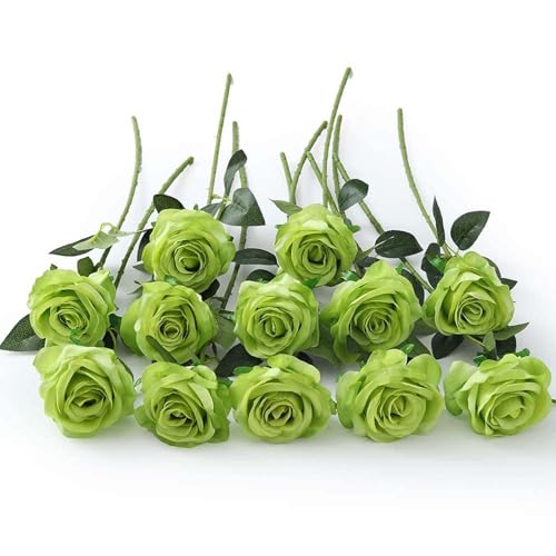 Laelfe 12 Pcs Rosas Verde Artificiales, Rosas Artificiales de Tallo único, Flores Artificiales Realistas para Decoración de Bodas, Aniversario, Decoración del Hogar, Jardín, Hoteles (Verde)