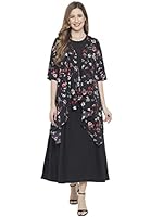 Indietoga Women's Plus Size Fit and Flare Long Maxi Dress (10001307_Black Solid with Floral Printed Shrug_8XL)