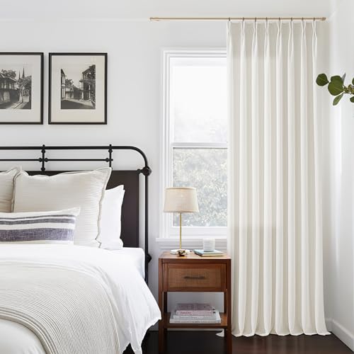 Image of Thick Linen Semi Sheer Curtains 96 Inches Long Pinch Pleated Cream | Track, Living Room Bedroom, Light Filtering, Textured, 96 Length, Hooks Rings, Back Tab, for Sliding Door, 1 Panel , Natural
