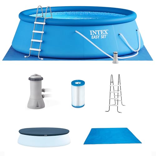 Intex 15ft x 48in Easy Set Above Ground Inflatable Ring Top Swimming Pool with Filter Catridge Pump and Solar Cover