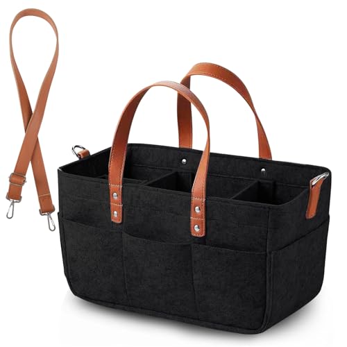 Anhow Bolsa de Fieltro, 30L Bolsa Compra Cesta de la Compra de Fieltro Plegable y Versátil con Compartimento y Bolsillo para Compras, Picnic, Leña, Juguetes   Negro/ 40x27x27 cm