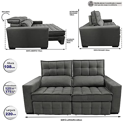 Sofá Retrátil e Reclinável 2,20m Molas Ensacadas e Costura Tripla Cama Inbox Nobre Suede Cinza