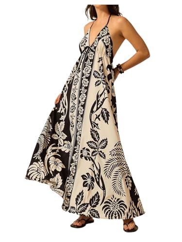 Image of SHENHE Women's Summer Tropical Floral Halter Maxi Dress Open Back Empire Waist Flowy Boho Dress