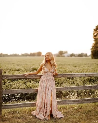 Women's Floral Ruffles V-Neck Bridesmaid Dresses Spaghetti Straps Chiffon Formal Evening Long Dress with Slit4