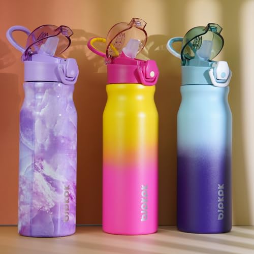 Image of BJPKPK 25 oz Insulated Water Bottle, Straw, Handle, Stainless Steel Flask | Leak Proof Locking Lid, Thermal, Double Wall Vacuum, Keeps Hot /Cold, BPA Free, Dishwasher Safe, Travel & Sports, Rainbow