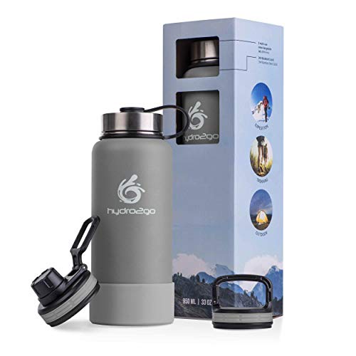 hydro2go X-AlpsBottle 1L – borraccia in acciaio inox, termica sottovuoto, doppia parete e a tenuta stagna, con 3 tappi, per sport & outdoor