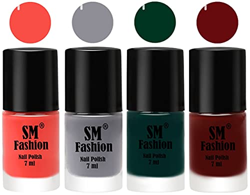 Image of Nail Polish Combo Set (Pack of 4) Quick Dry Gel Finish Nail Paint | Coral,Gray,Dark Green,Wine Red | 7 ml Each
