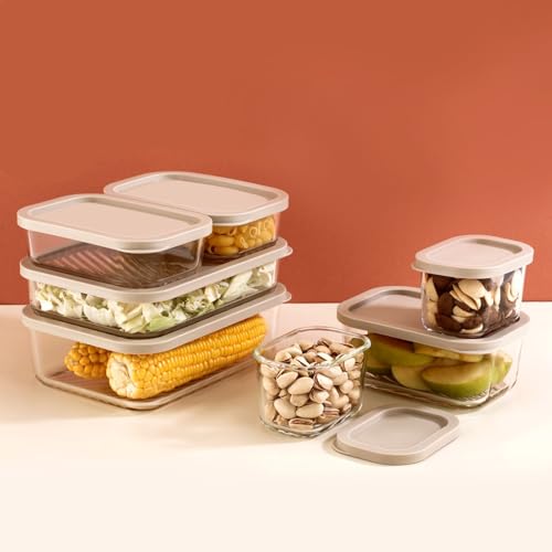 ATTRO Glassox Storeit Borosilicate Glass Storage Containers – Set of 7, Transparent Stackable with PE Lids, Microwave, Fridge, Ideal for Kitchen- Ivory- 310ml-2, 520ml-2, 750ml-1, 1200ml-1, 1700ml-1
