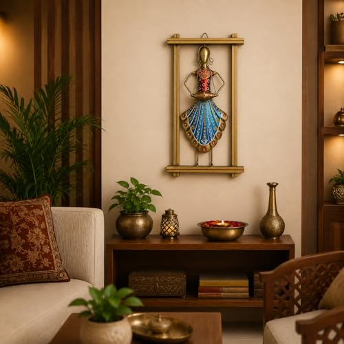 Image of iHandikart Handmade Metal Wall Art| Traditional Rajasthani Lady Wall Hanging Decor | Hand-Painted Iron Wall Sculpture with Stone Work | Home Decor for Living Room & Bedroom Office | 13 x 7 Inch
