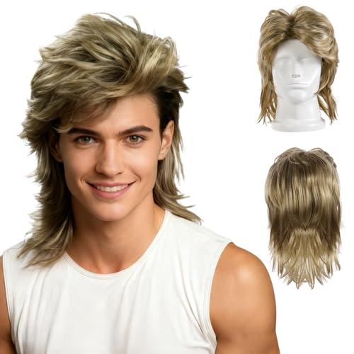 AUYAO Khaki Mullet Wigs Pop Rock Wigs 80s Outfit Disco Hippie Costume 60s 70s Hippy Fancy Dress Mens Accessories Novelty Men Afro Wig Mens & Womens Pop Hippie 70s Disco Halloween Fever Hair