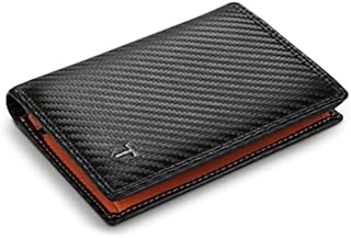 TEEHON® Wallets Mens RFID Blocking Carbon Fibre Leather Mens Wallets with 11 Credit Card Holders, 2 ID Windows, Zip Coin Pocket, 2 Banknote Compartments, Trifold Vertical Wallet for Men, Black Orange