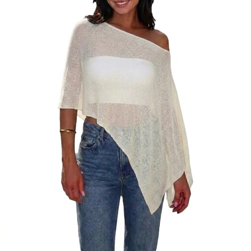 Women Sheer Poncho Top Lightweight Knit Mesh Crochet Beach Cover Up Shrug Summer See Through Shawl (Light Yellow One Size)