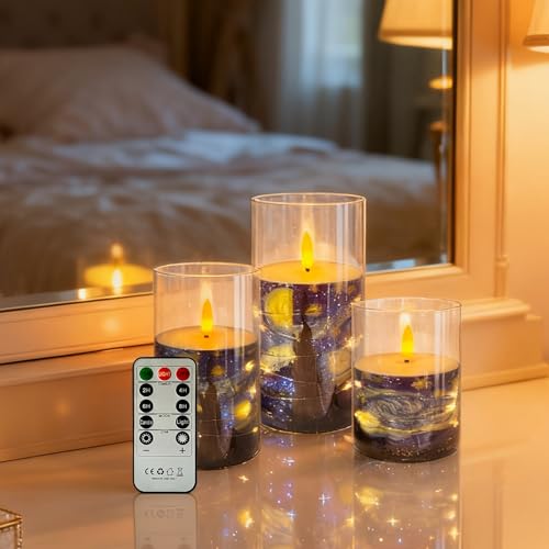 Image of Flickering Flameless Candles, Recessed String Light LED Candles Acrylic Battery Operated LED Pillar Candles Van Gogh Art Painting Style for Home Decor Set of 3(Starry Night Printed)