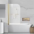 Tub Shower Door, Bathroom Shower Glass Door 34 * 58 Inch Frameless Bathtub Shower Screen with Tempered Glass (6mm), Brushed Gold Finish and Door Handle