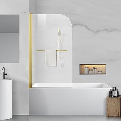 Tub Shower Door, Bathroom Shower Glass Door 34 * 58 Inch Frameless Bathtub Shower Screen with Tempered Glass (6mm), Brushed Gold Finish and Door Handle