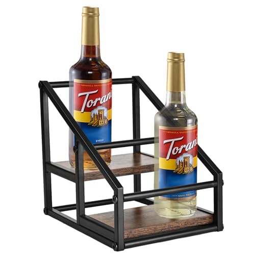YQBRAO Coffee Syrup Rack Organizer,Liquor Bottle Display Shelf,2-Tier 4 Bottle Stand for Coffee Bar, Kitchen Station, Liquor, Wine, Dressing,Rustic Brown