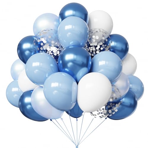 Image of Blue and White Balloons, 67pcs 12 Inch Blue Balloon and White Silver Confetti Balloons for Baby Shower, Birthday, Bridal, Wedding Party Decoration