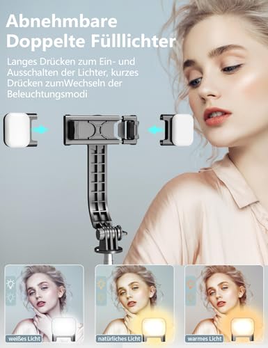 Selfie Stick Stativ mit 2 Fülllicht, Verbessertem Stabil Handy Stative mit Abnehmbarer Fernbedienung, 114cm Stativ für Smartphone Kompatibel mit iPhone Samsung & Android Smartphones 2