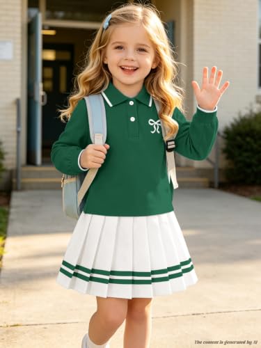 Image of Betusline Girls Long Sleeve Polo Skirt Set Kids Preppy Uniform Outfit,4-14Y
