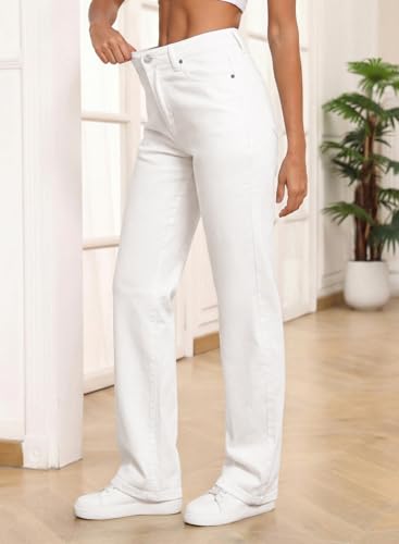 Image of Sidefeel Women's Wide Leg Jeans High Waisted Tummy Control Stretchy Straight Leg Elastic Waist Trendy Denim Pants