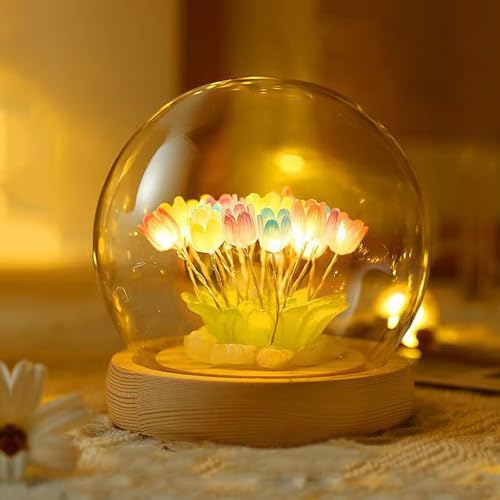 Image of One94Store Tulip LED Night Light - Decorative Glass Table Lamp with 10 Artificial Flowers, Soft Glow for Bedroom, Living Room, Birthday & Gifts (8 cm, Multi-Color)