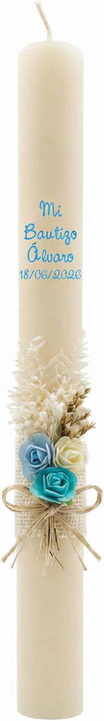 Vela/Cirio de Bautizo de Cera Beig, Pick Floral RUSTICO AZUL