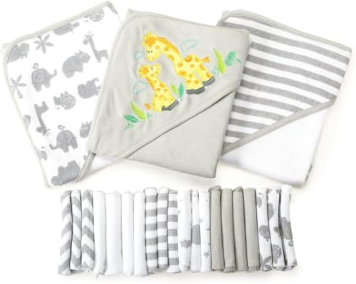 Image of Spasilk 23-Piece Soft Terry Hooded Bath Towel and Washcloth Gift Set, 3 Baby Towels and 20 Baby Washcloths for Unisex Newborn Bath Essentials, Ideal, Gray Giraffe Safari (Pack of 12)