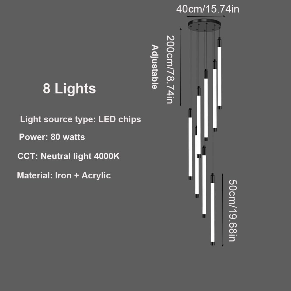 Moderner Linearer Schwarzer Röhren Kronleuchter, Pendelleuchte LED Höhenverstellbar für Hohe Decken Hängelampe Wohnzimmer Foyer Villa(8 Lights)