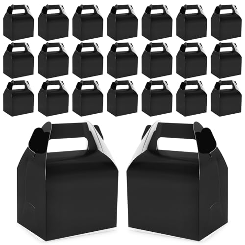 Hxezoc 24 Pieces Black Party Favor Boxes Gable Candy Treat Box Folding Paper Gift Box with Handles for Baby Showers Birthday Party Wedding Decoration Supplies