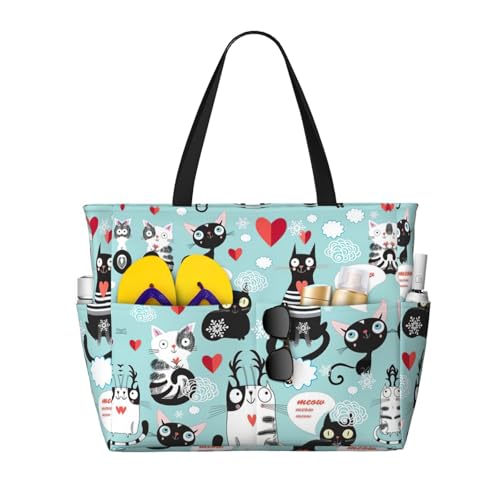 Grand sac à bandoulière de grande capacité sac de travail noir imprimé chats