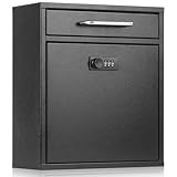 xydled Wall-Mount Mailboxes with Combination Lock, Steel Combination Lock Mail Boxes Outdoor, Locking Wall Mount Mailbox, Security Key Drop Box, 13.4H x 11.6L x 5.8W Inches, Black, Large