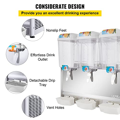 Vevor 110V Commercial Beverage Dispenser,14.25 Gallon 54L 3 Tanks Juice Dispenser Commercial,18 Liter Per Tank 350W Stainless Steel Food Grade Material Ice Tea Drink Dispenser Equipped With Thermostat Controller #TOP5