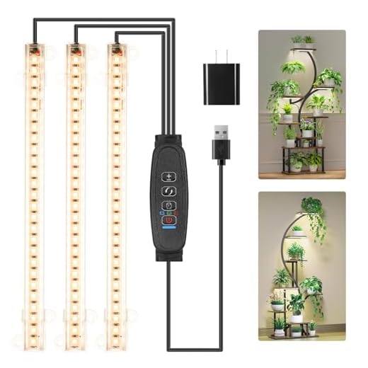 LED Grow Light Strips, Grow Lights for Indoor Plants Full Spectrum 3000K, 78 LEDs Plant Light with 3/9/12H Timer, 10 Dimmable Levels for Seedling Succulent and Plant Shelf, 3 Head 8.6 Inches