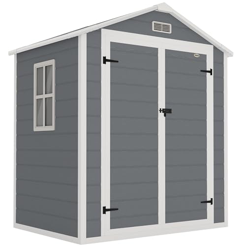 Outsunny Casetta da Giardino Porta Attrezzi in Finitura Effetto Legno Graffiato con Pavimento, 2.12m² Capanno da Giardino con Doppia Porte e Serratura, Tetto Inclinato, 183x134x210 cm, Grigio