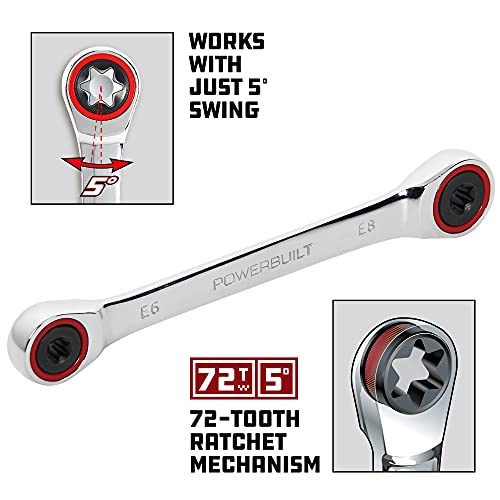 Image of Powerbuilt Ratcheting Double Box-End E-Star Wrench E6 /E8, 5 Degree Swing, 72 Tooth, Red Color Ring, Hand Tool 641759