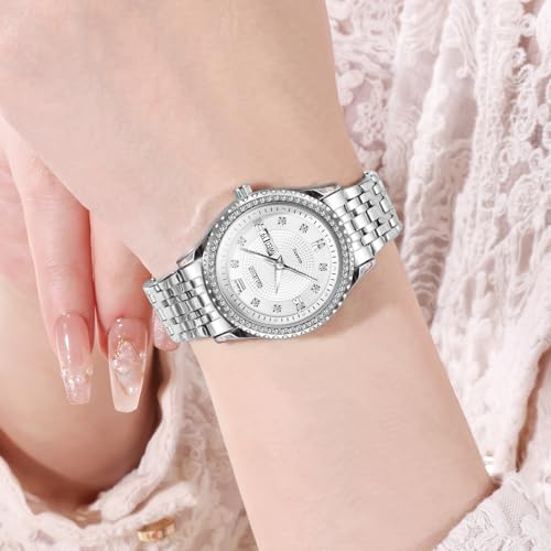 OLEVS Silver Womens Watch Stainless Steel Elegant Dress Watches for Women Water Resistant Big White Face Women's Bracelet Watches Small Wrist Luminous Ladies Diamond Watch with Day Date Easy to Read — view 4