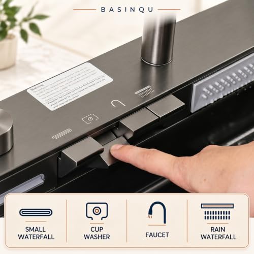 Image of BASINQU Piano Kitchen Sink 30x18x9 Inch Waterfall Kitchen Sink | 304 Grade Stainless Steel Kitchen Sink For Kitchen Basin with Integrated Waterfall & Pull Down Faucet Kitchen Sinks